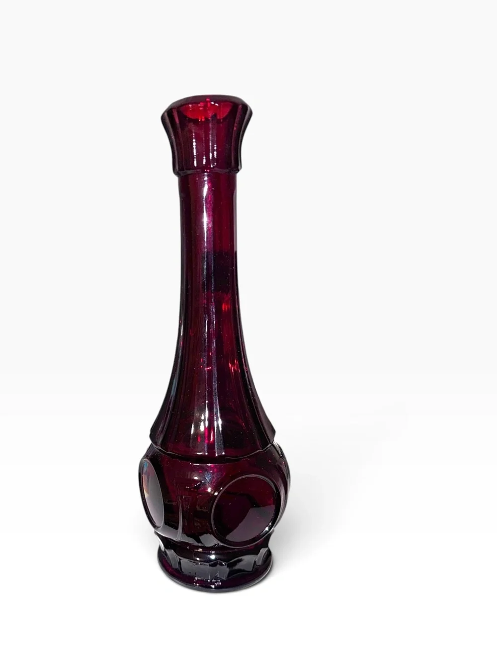 Vintage Ruby Red Glass Bud Vase with Raised Circular Motif, Mid-Century Modern